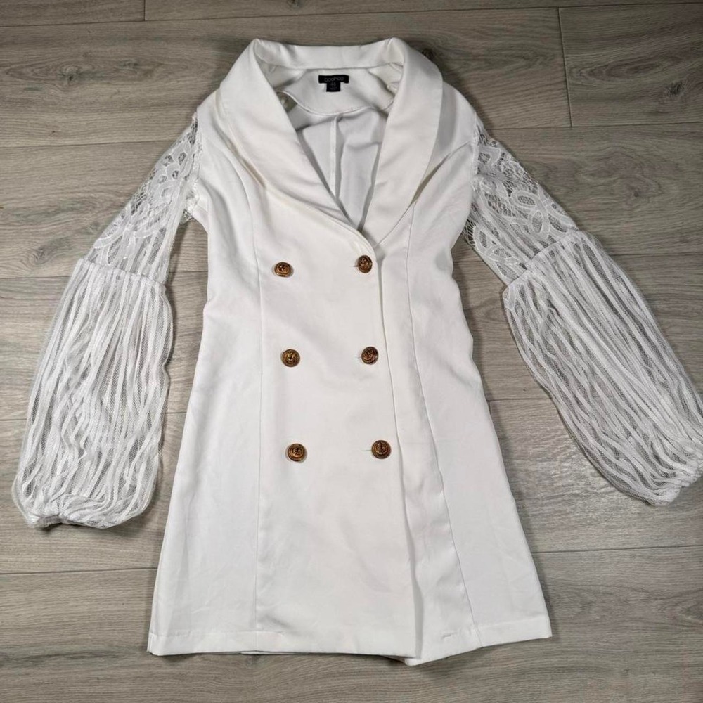 Boohoo White Double Breasted Blazer Dress Lace Balloon Sleeves Gold Buttons US 4